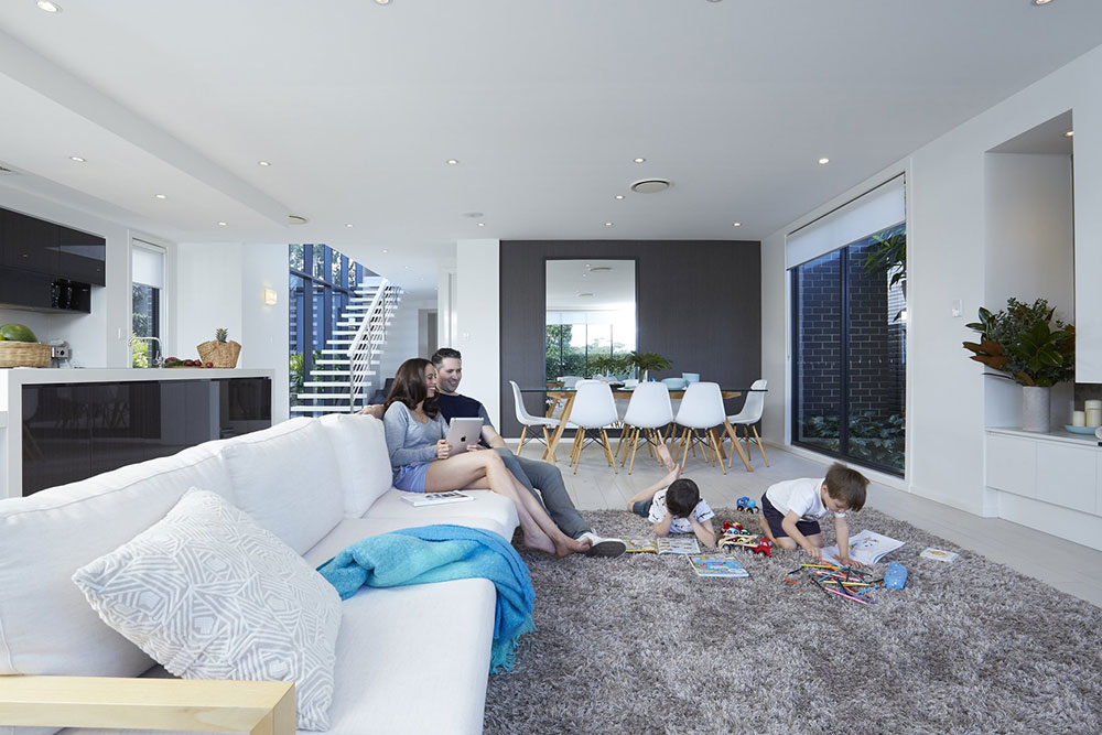 family relaxing in living room